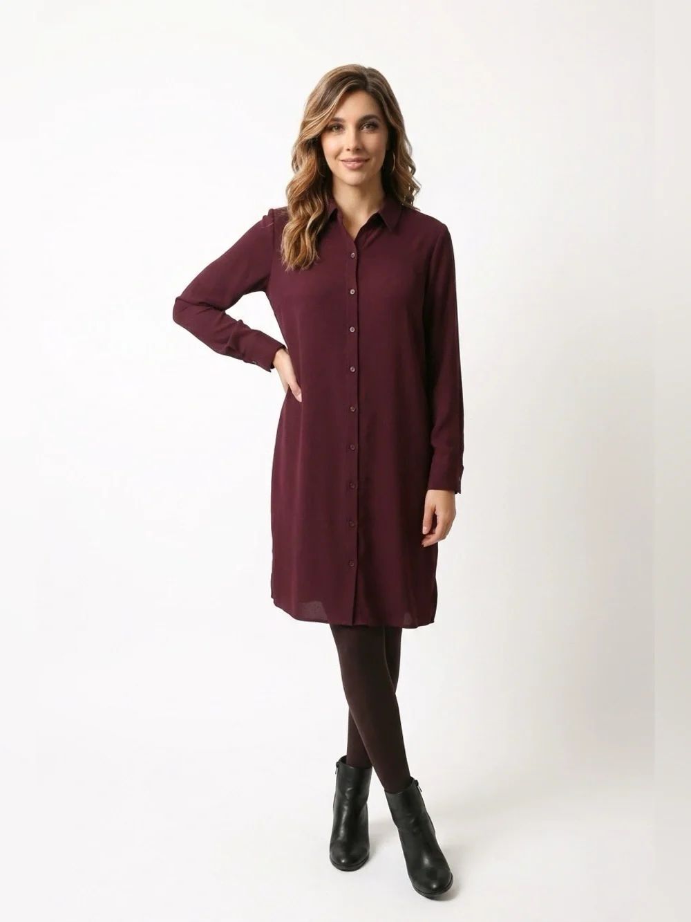 Ann Taylor Long-Sleeve Shirt Dress in Burgundy